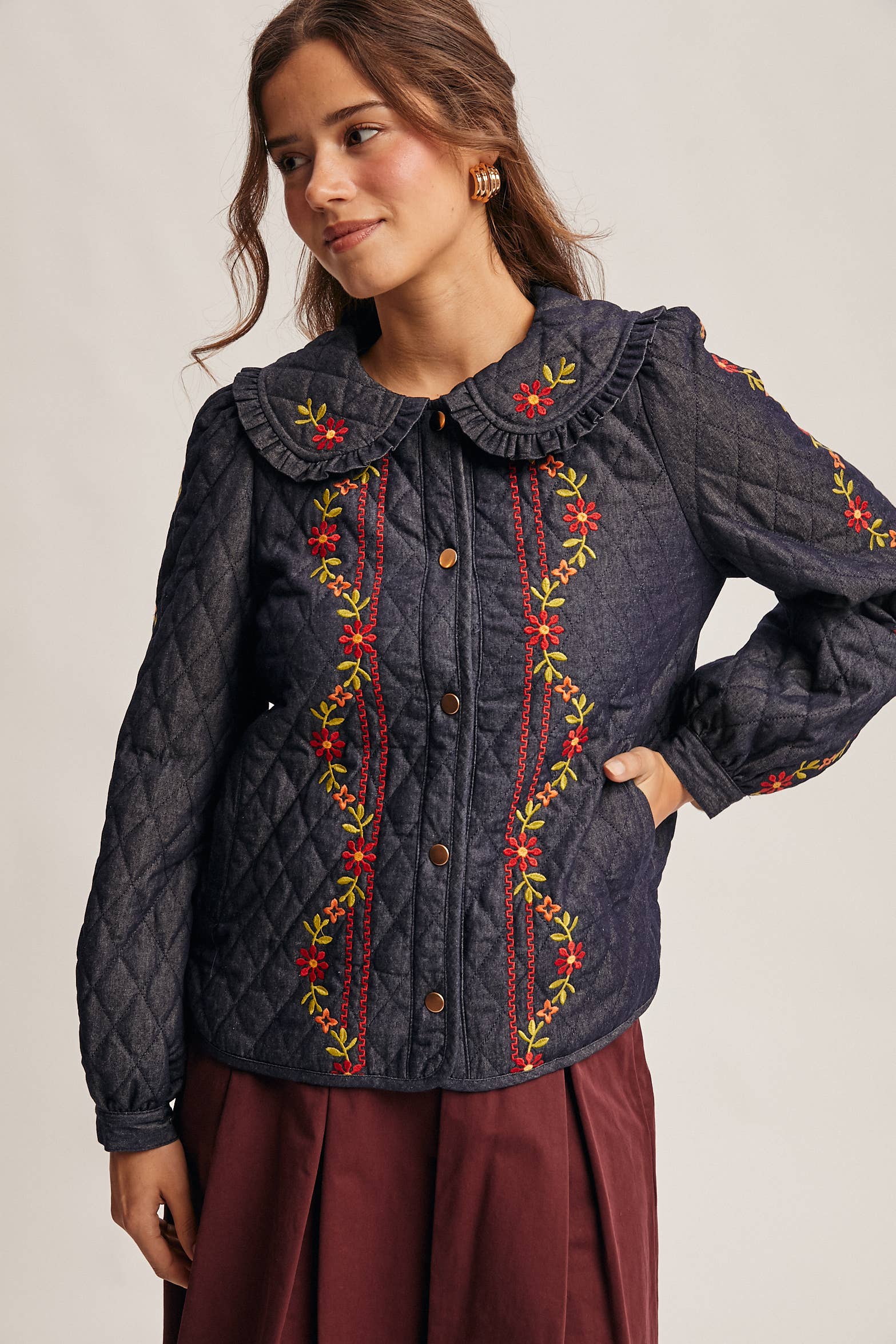 Midnat Indigo Broderet quiltet denimjakke FJ0008 for engroshandel på Faire11