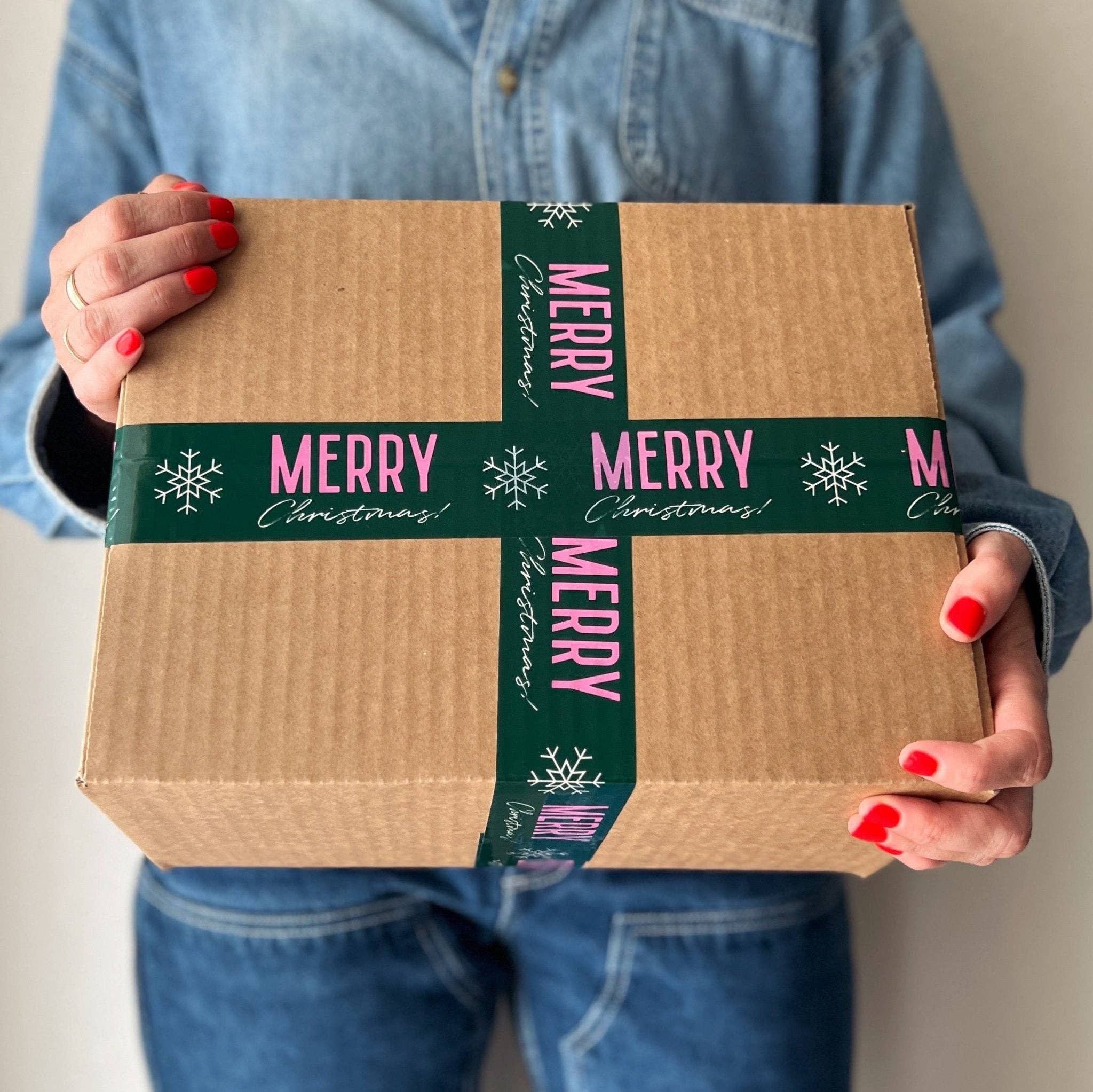 Shippy Tape - Wholesale Tape - Merry Christmas Shipping Tape - Green/Pink Snowflake (55-Yard Roll)5