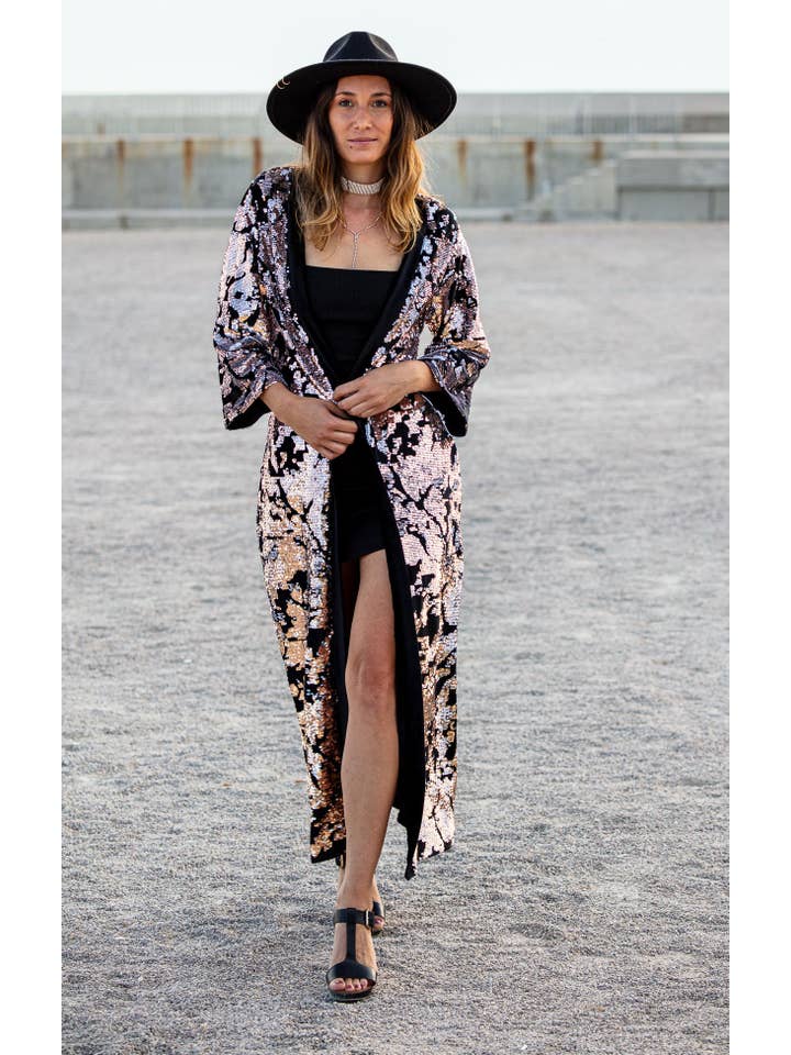 Festivo kimonos - Wholesale Kimono - Dames - Kimono van fluweel met witte en gouden pailletten
