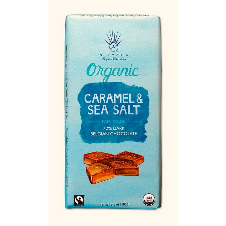Nirvana Dark Organic Choc w/Caramel Sea salt 3.5 oz. bar for wholesale by Belgium's Chocolate Source
