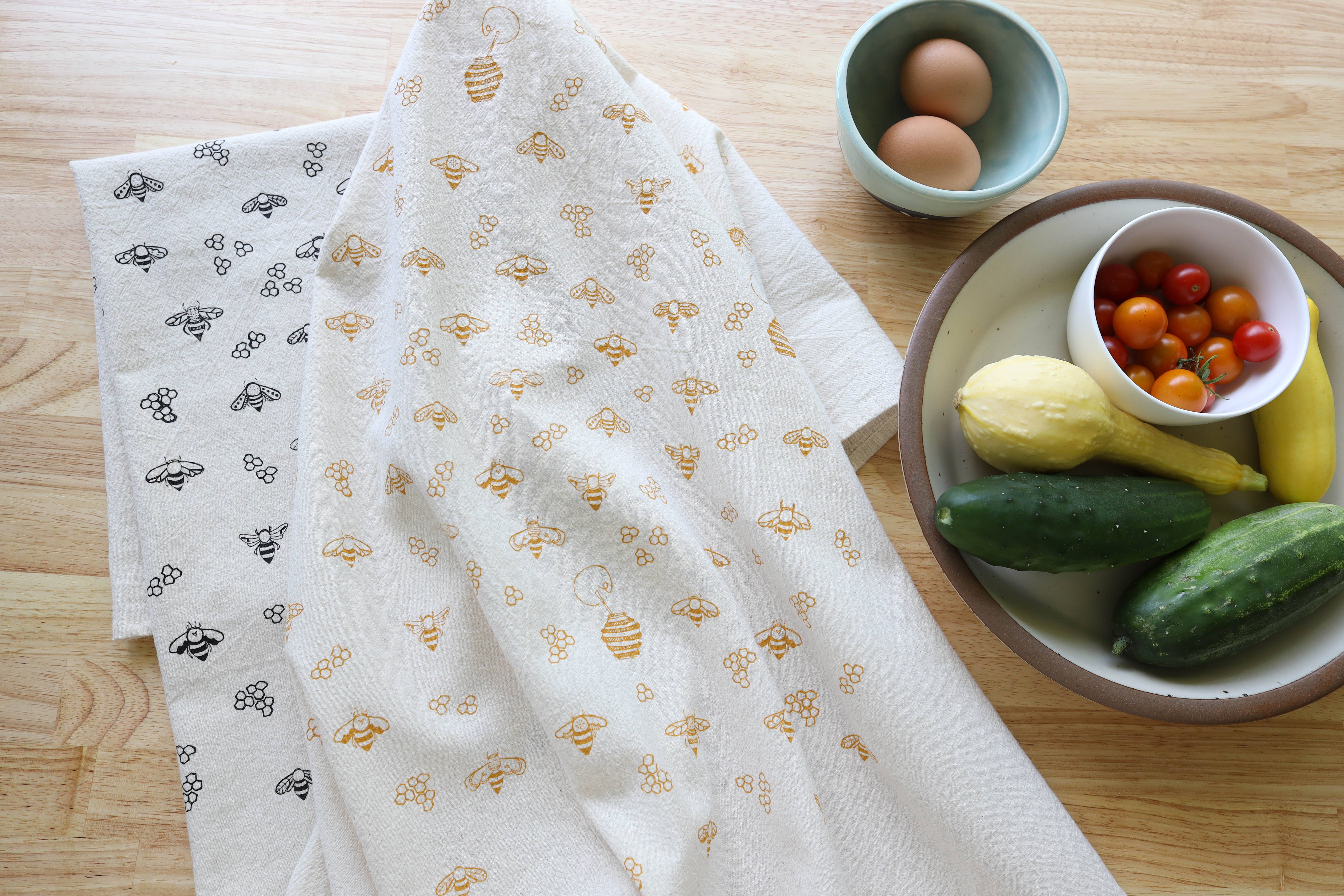 The High Fiber - Wholesale Tea Towel - Bee Kitchen Towel, Handprinted Nature Inspired Tea Towel4