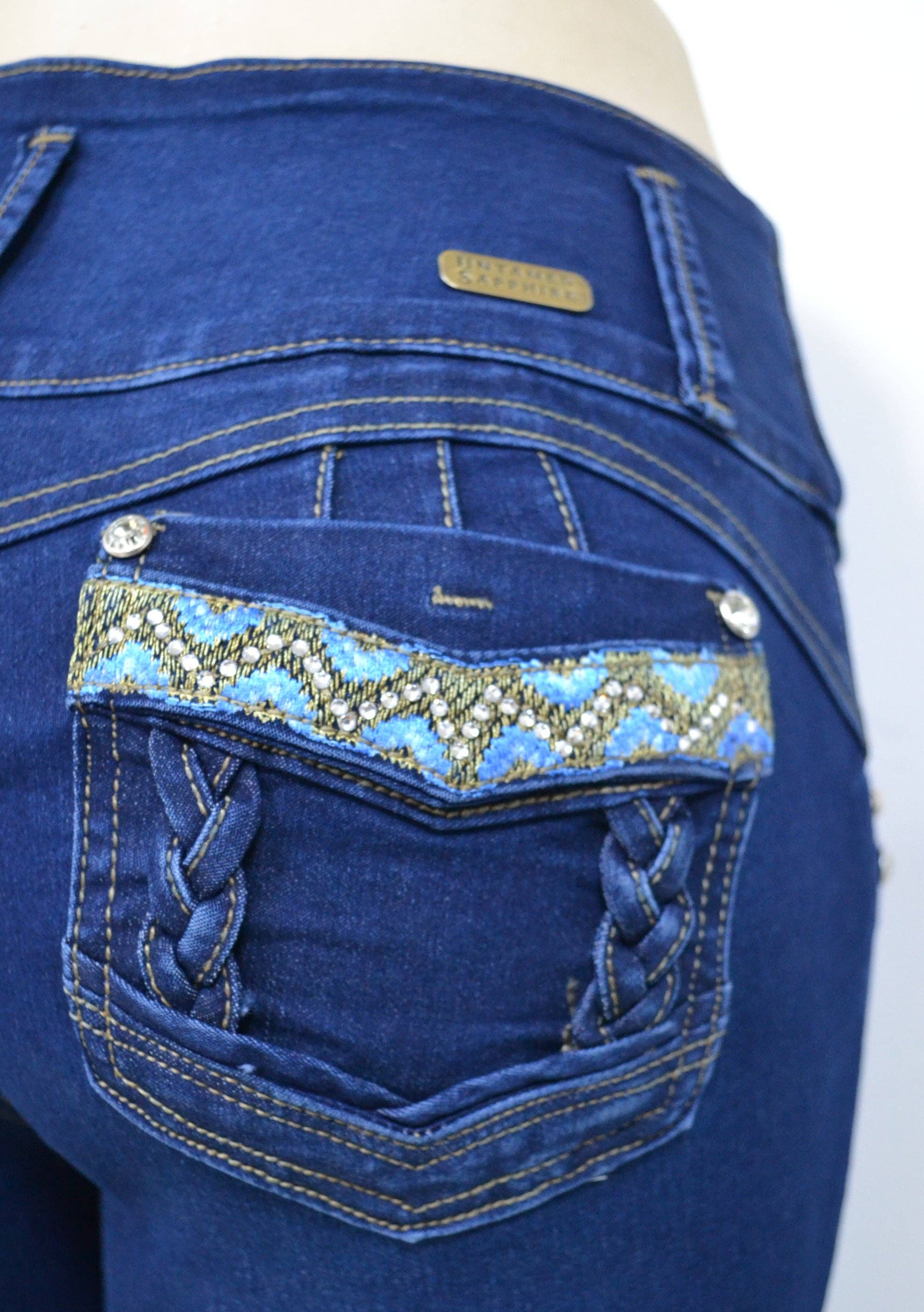 Blue USC-F025 Sexy Bohemian Braided Butt Lifter Levante Cola Jeans for wholesale on Faire1