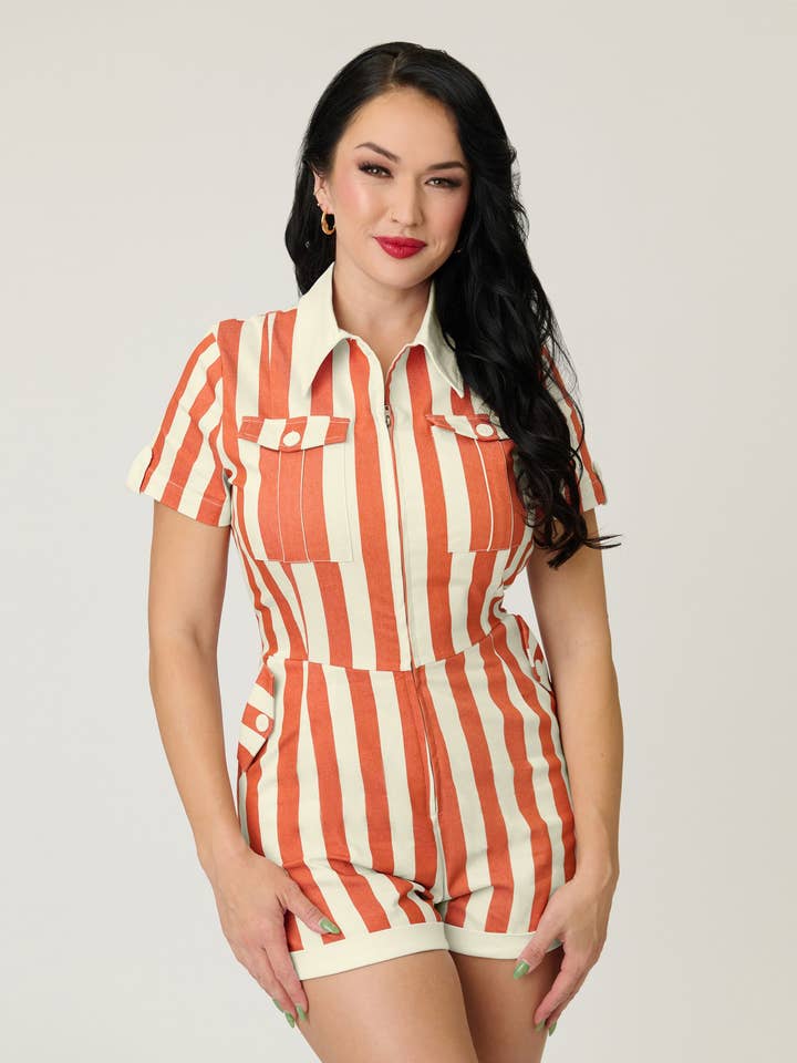 Unique Vintage Rust & White Stripe Mia Romper for wholesale by Unique Vintage