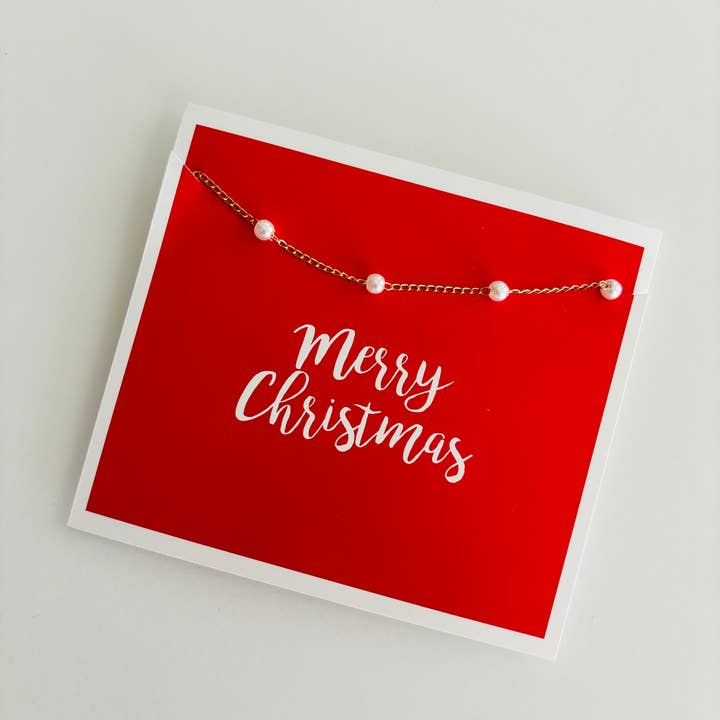 Peddle Your Paper - Wholesale Beaded/Pearl Necklace - Merry Christmas Pearl Necklace on Stationery Card Gift
