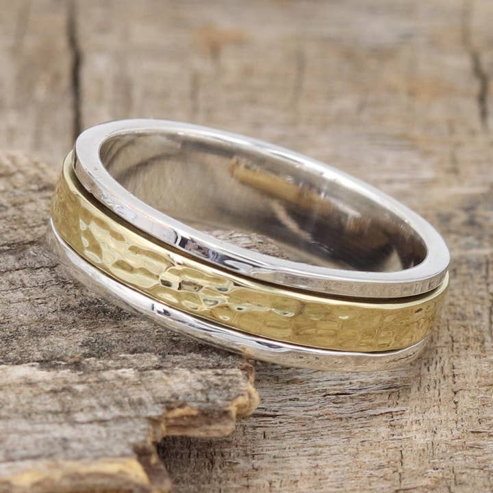 Two Tone Spinner Ring: 925 Silver & Brass Fidget Jewelry for wholesale by Jay Jools