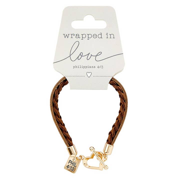 Faithworks by Creative Brands - Wholesale Charm/Dangle Bracelet - Wrapped In Love Philippians 4:13 - Brown Braided Bracelet