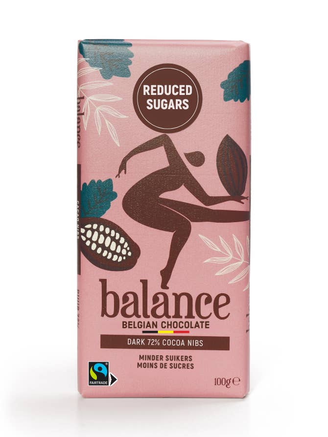 Balance dark 72% cocoanibs - reduced sugars (12x100g) voor wholesale door Balance