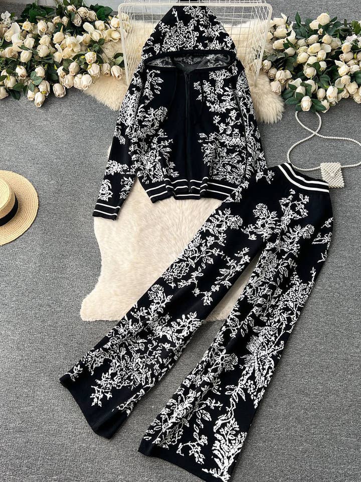 safistyle - Wholesale Lounge Set - Women's - Floral Drawstring Hoodie & Wide-Leg Pants Set1
