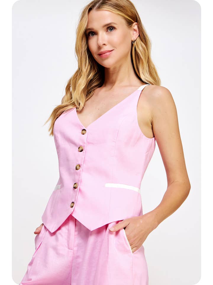 Strut & Bolt - Wholesale Suit Vest - Women's - Button Down Linen Vest With Contrast Piping Detail