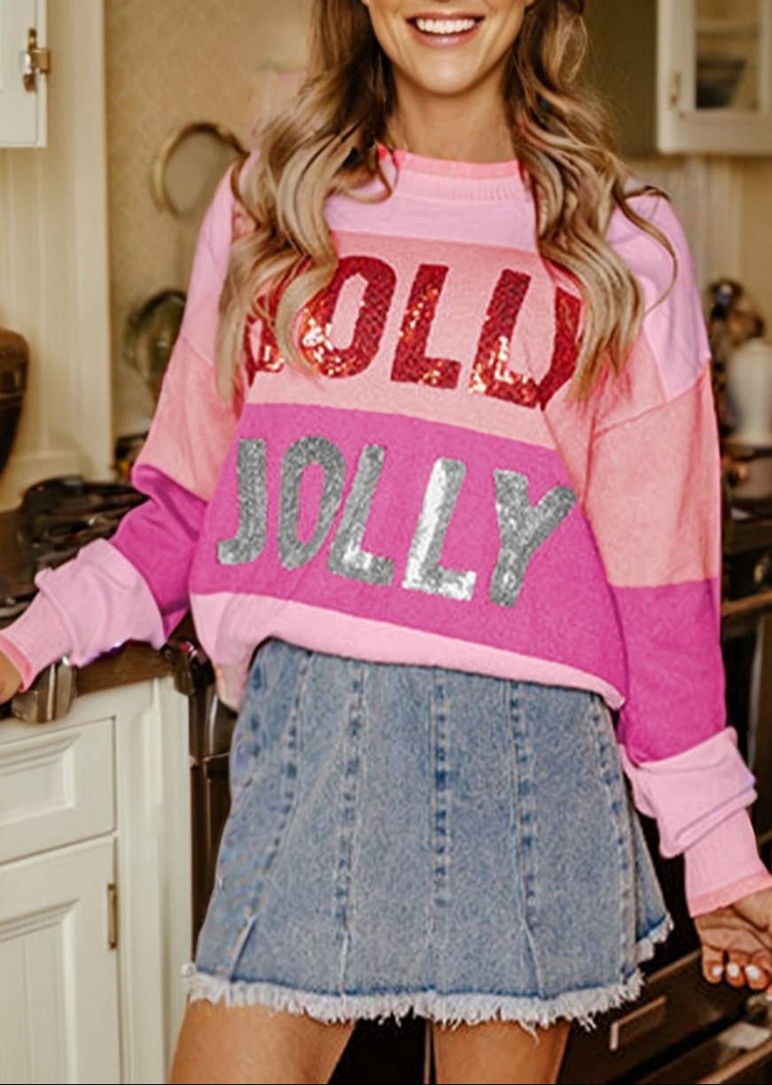 FULL TIME PURCHASE - Wholesale Knit Sweater - Women's - Pink Sequined HOLLY JOLLY Color Block Crew Neck Sweater1