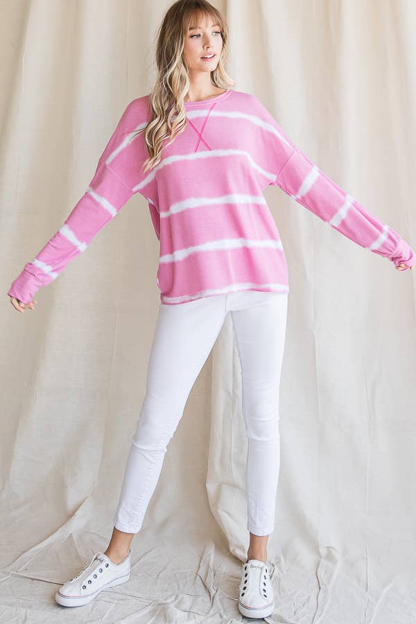 7th Ray – Engroshandel Strikket top - Dame – Stribet Tie Dye V-søm Drop Shoulder Langærmet Top T356518