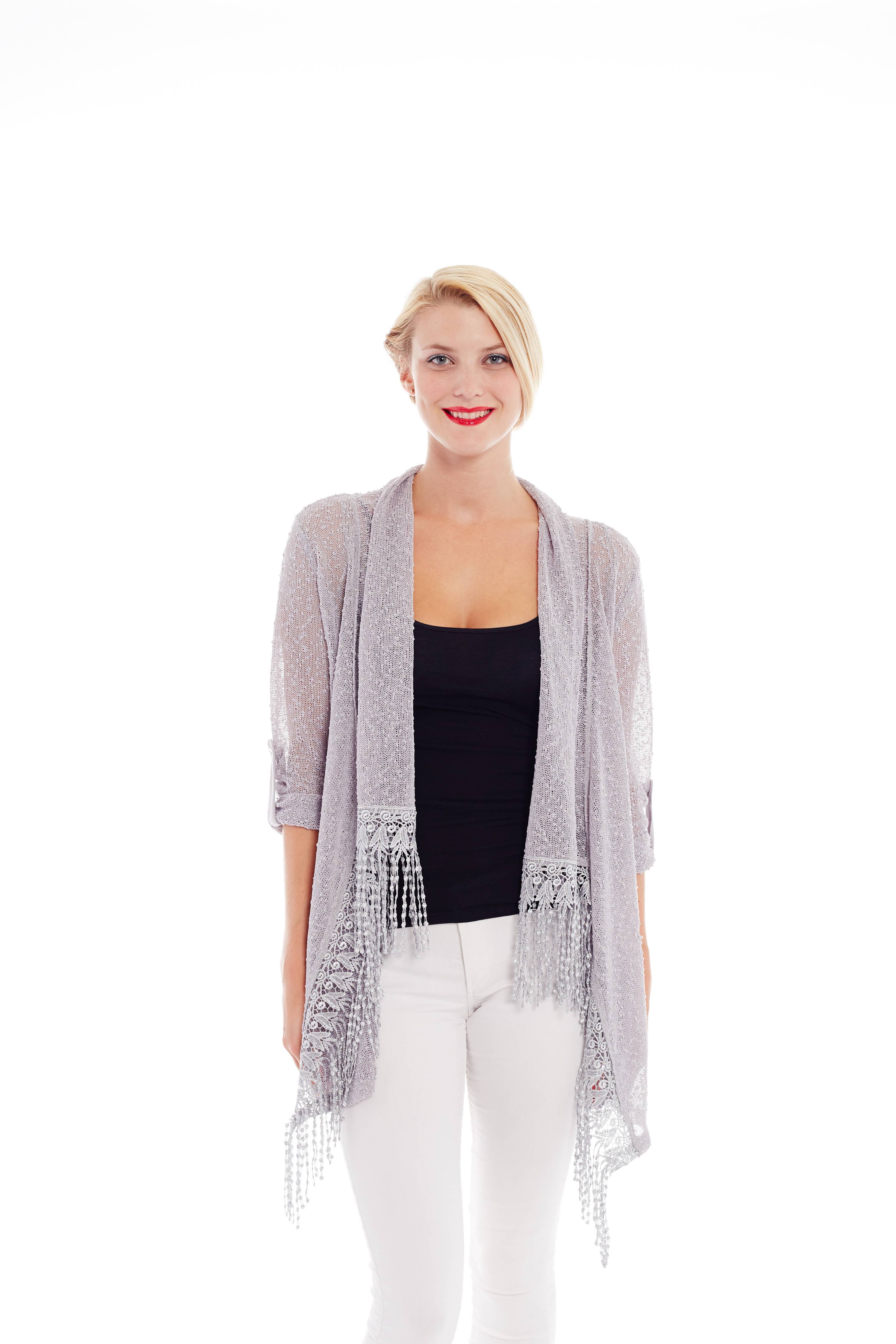 NIKKY APPARELS - Wholesale Knit Top - Women's - THE FUNKY TASSEL CARDIGAN IN PALE GREY0