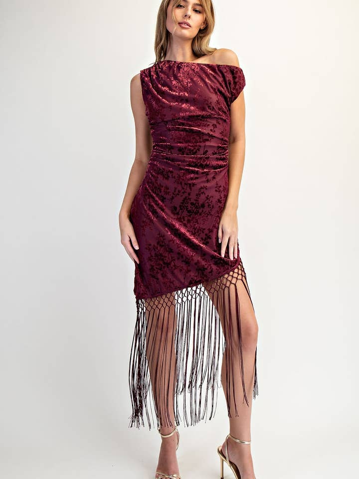 Burnout Velvet Asymmetric Midi Dress with Fringe for wholesale by Edit by Nine