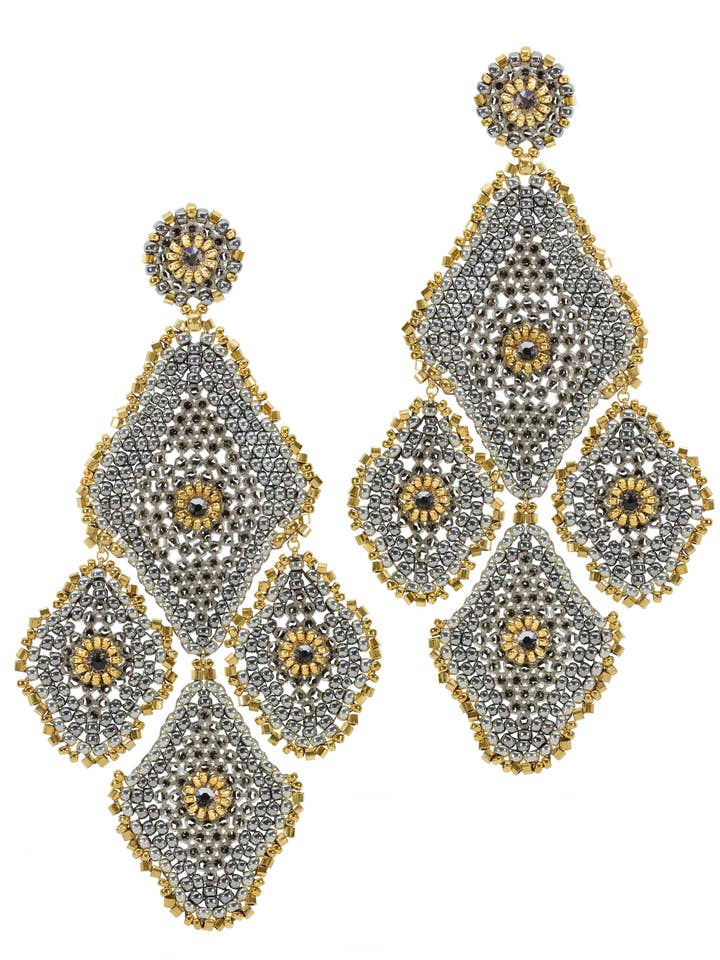 Dressy Chandelier Earrings in Silver and Gold, style E24839 for wholesale by Miguel Ases