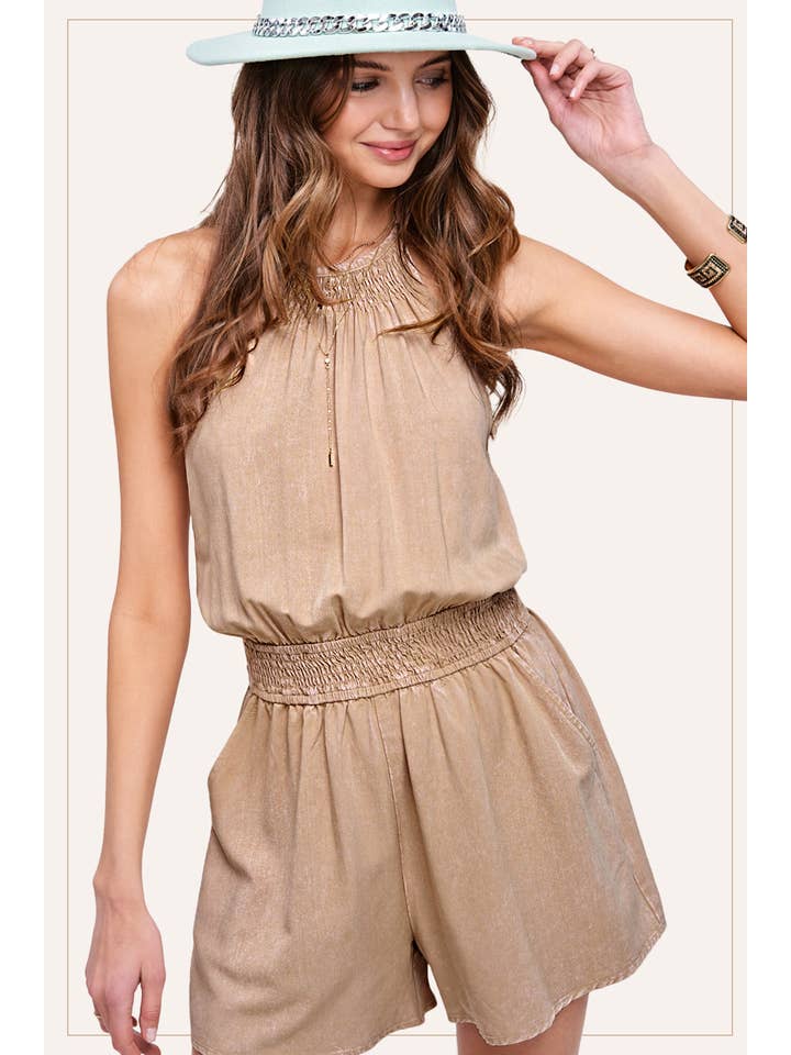 La Miel - Wholesale Romper - Women's - HCD9313-Mineral Washed Sleeveless Mini Romper with Pocket11