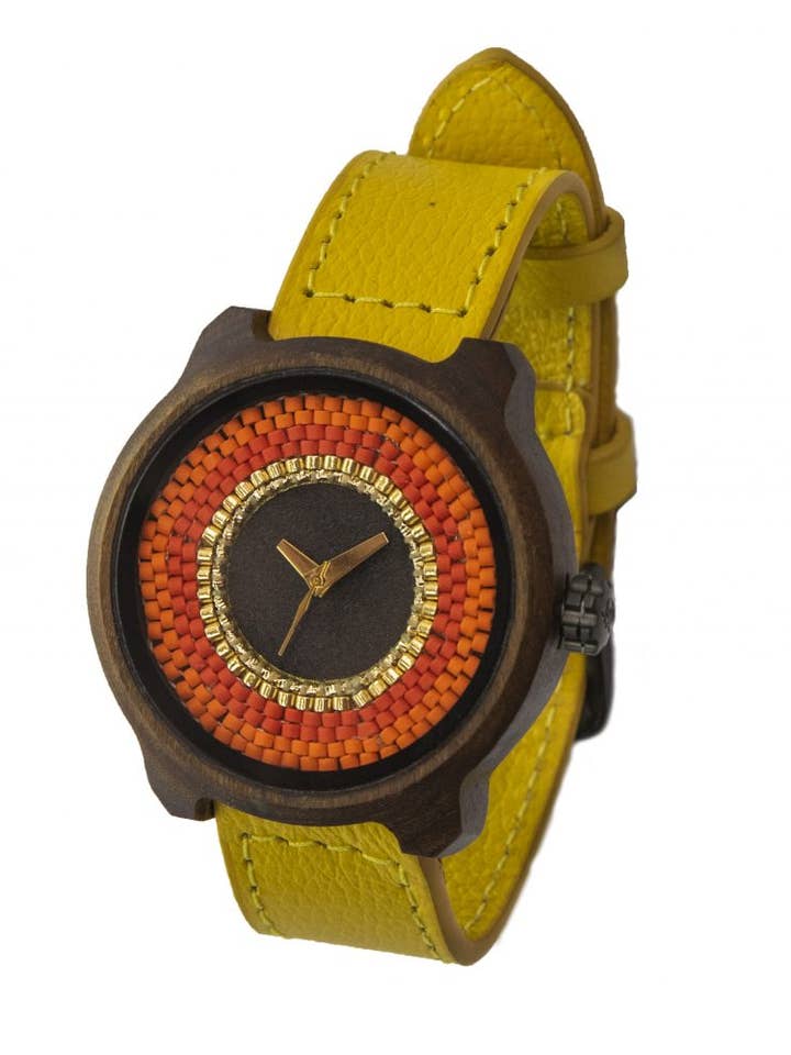Watch made of wood, honey leather and red Miyuki beads for wholesale by Boutique ArtNika