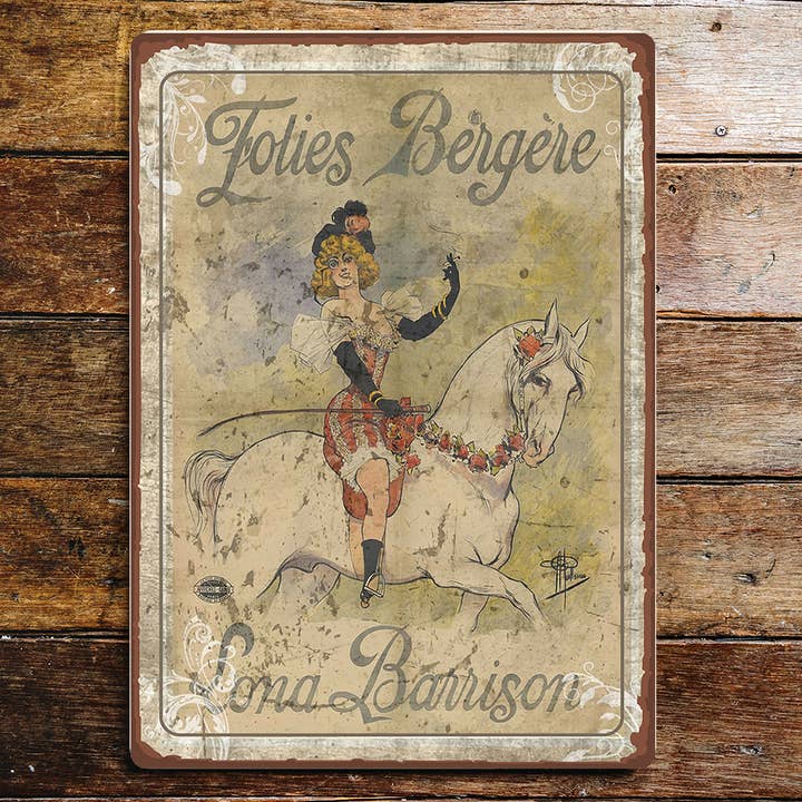 Vintage dame på hest Folies Bergere metalskilt plak for engroshandel hos The British Metal Signs Company