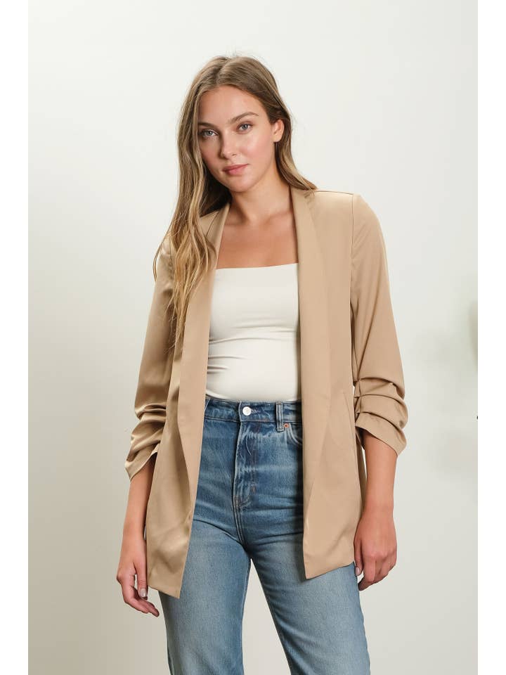 The Workshop Studio - Wholesale Blazer - Women's - COLLARLESS 3/4 RUCHED SLEEVE LONGLINE BLAZER5