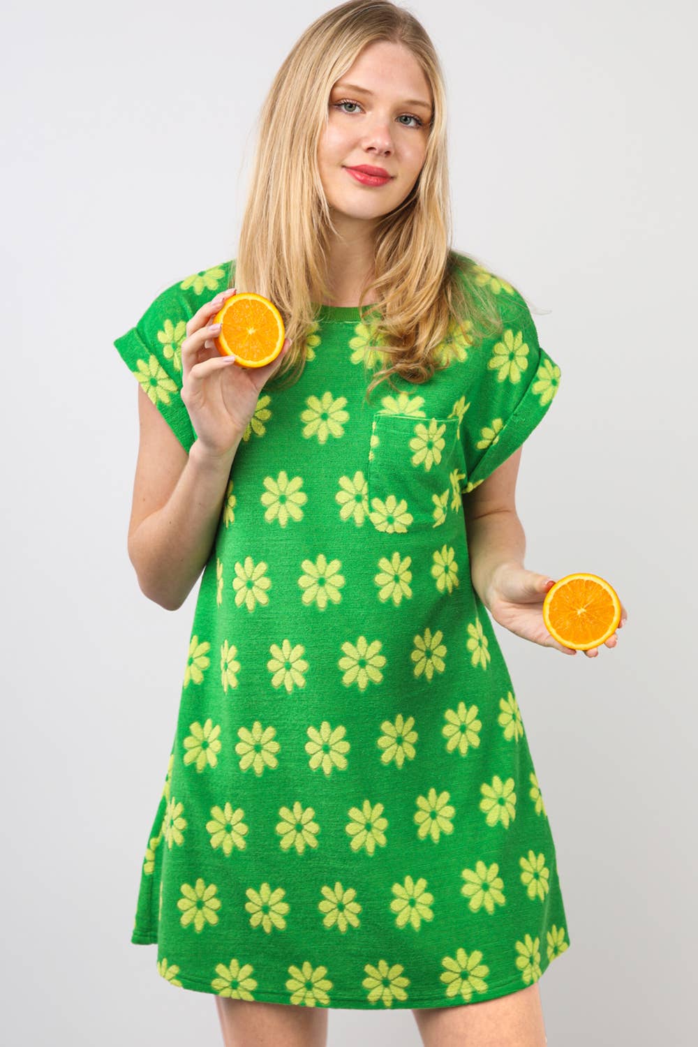 Green ND31333-Floral French Terry Knit Mini Dress for wholesale on Faire2