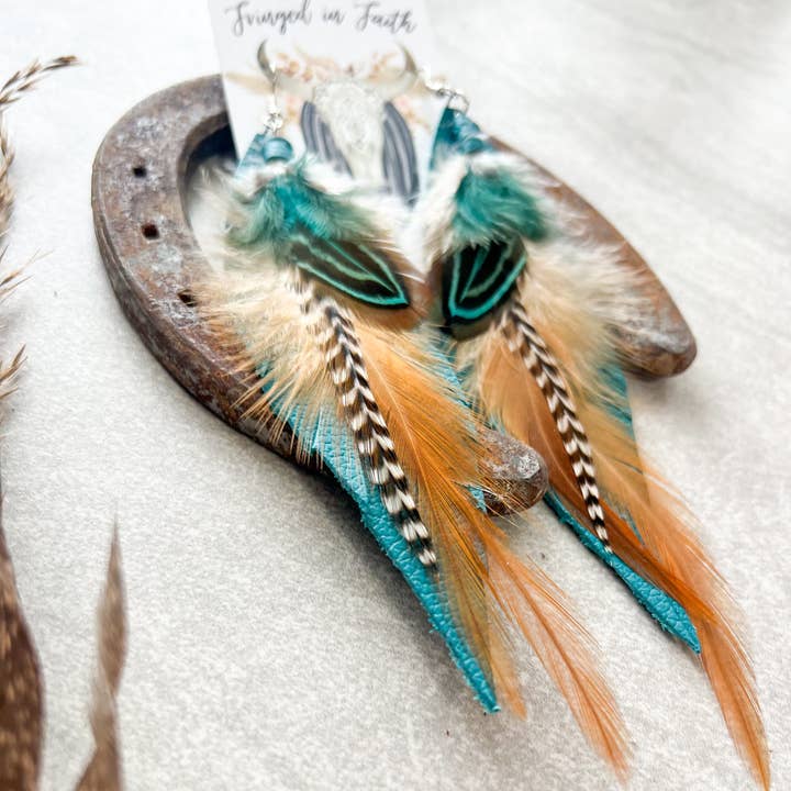 Fringed In Faith - Wholesale Dangle Earrings - Kalispell Feather Earrings | Teal1