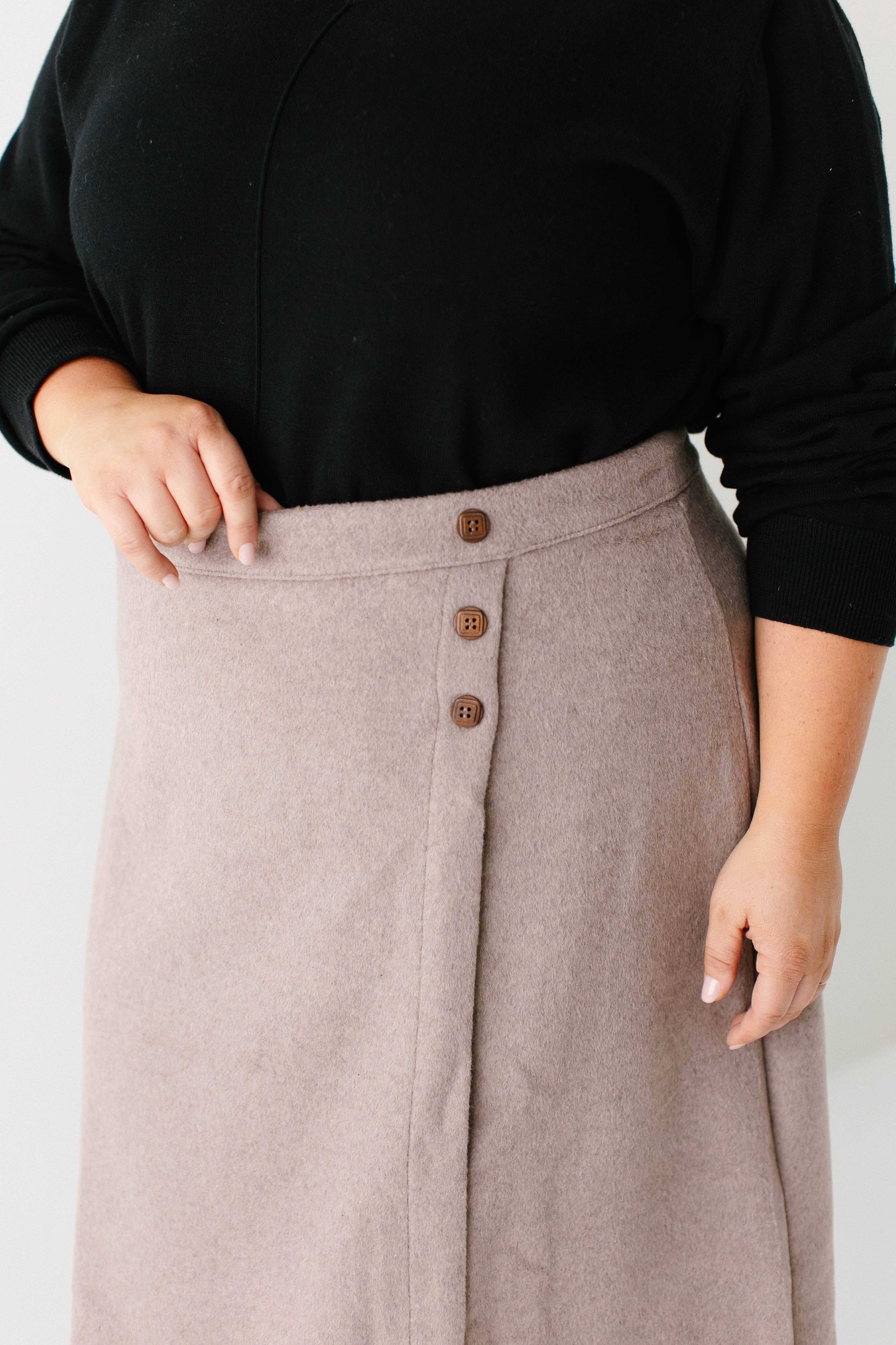 Warmes Taupe 'Charlotte' Wollmischung A-Linien-Rock ENDGÜLTIGER VERKAUF für den Großhandel auf Faire4