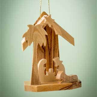 Earthwood - Wholesale Ornament - Mini Grotto with Holy Family and Palm - 2.5"
