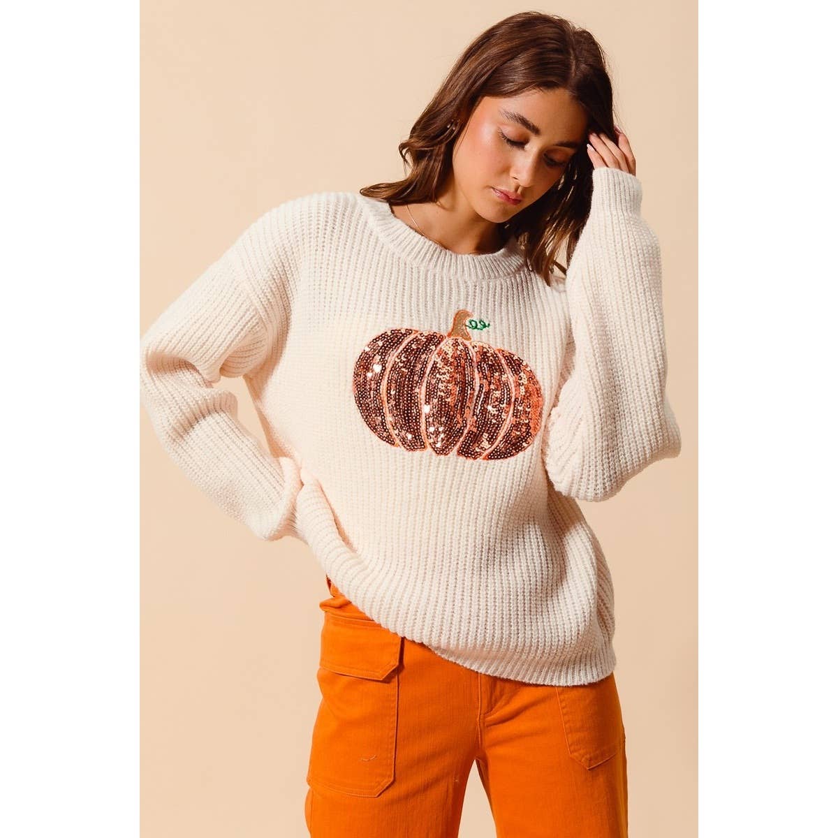 OATMEAL Sequin Pumpkin Halloween Thanksgiving Sweater Top for wholesale on Faire4