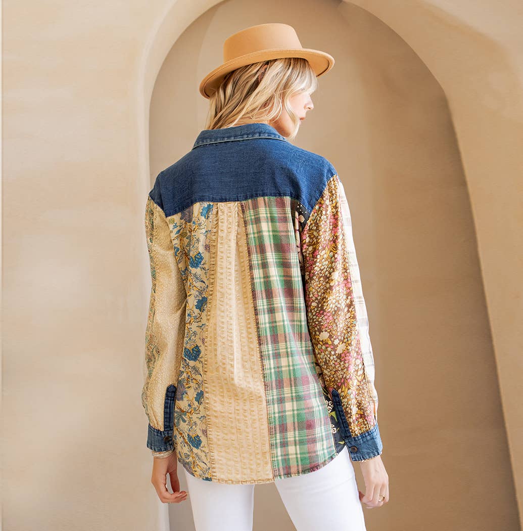 Young Threads - Wholesale Button Down Shirt - Women's - Western Boho Chic: Patchwork Denim Buttondown Shirt 8