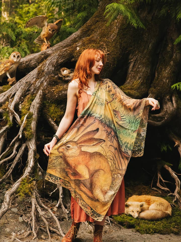 Woodland Wisdom Bohemian Scarf with Florals, Rabbit & Moths for wholesale by Market of Stars (Worldwide)