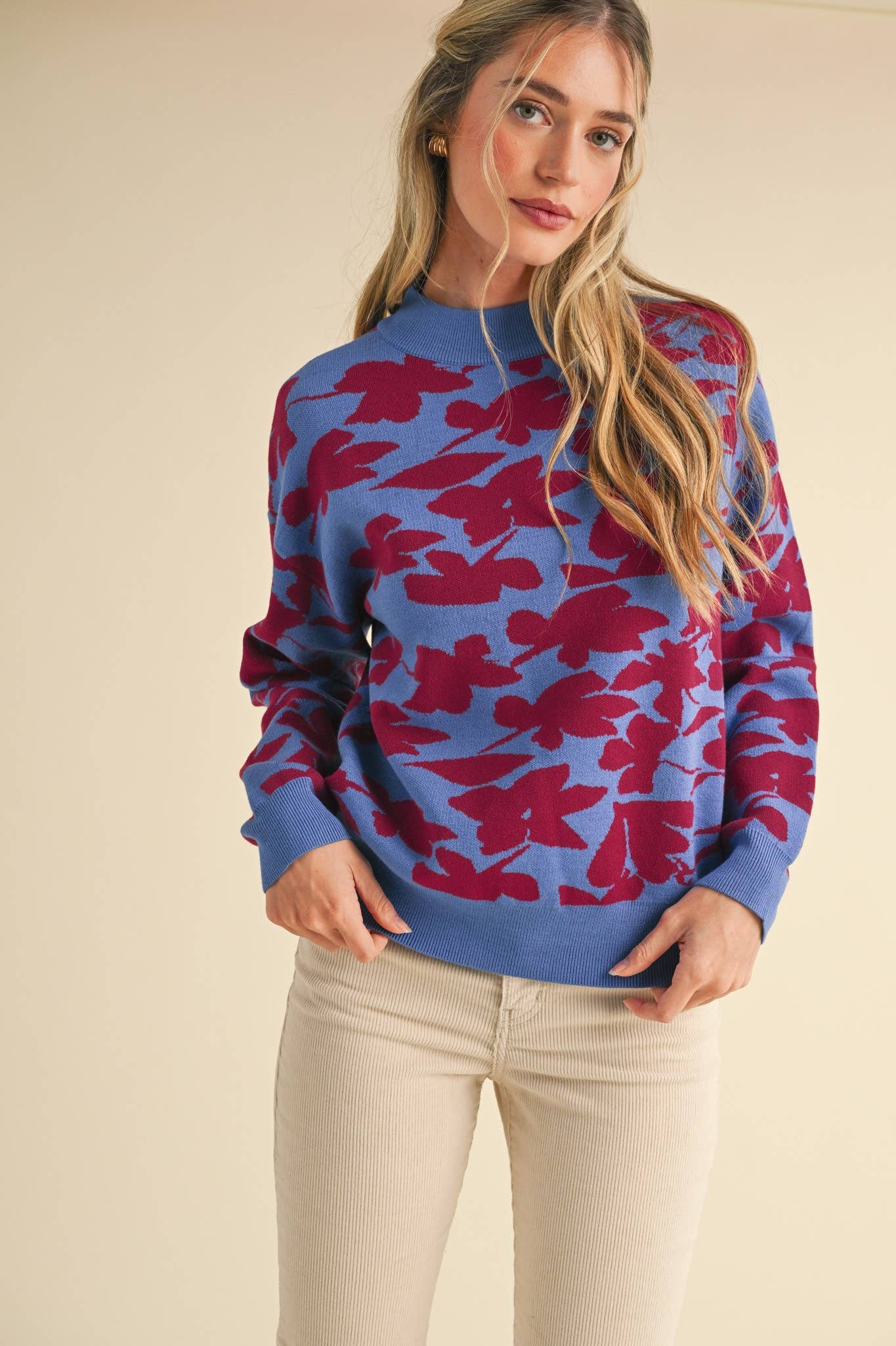 &MERCI - Wholesale Knit Sweater - Women's - MOCK NECK FLORAL KNIT SWEATER MSW105585