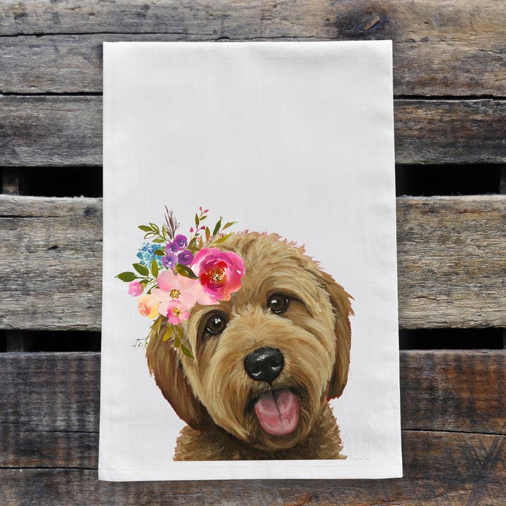 Bright Blooms Golden Doodle Tea Towel, Cute Dog Towel for wholesale by Hippie Hound Studios