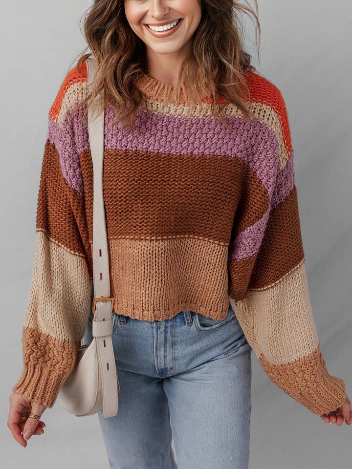 Mehrfarbiger, verkürzter Colorblock-Pullover mit überschnittenen Schultern für den Großhandel von Sweet Lover Fashion