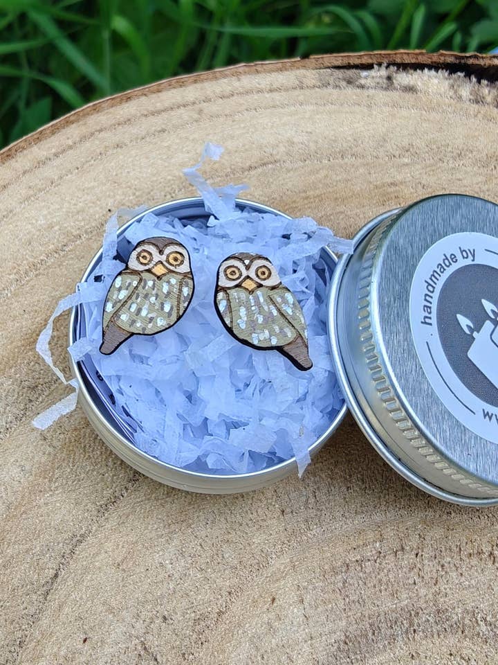 Handpainted Tiny Owl Stud Earrings with Gift Tin for wholesale by Hyggestyle