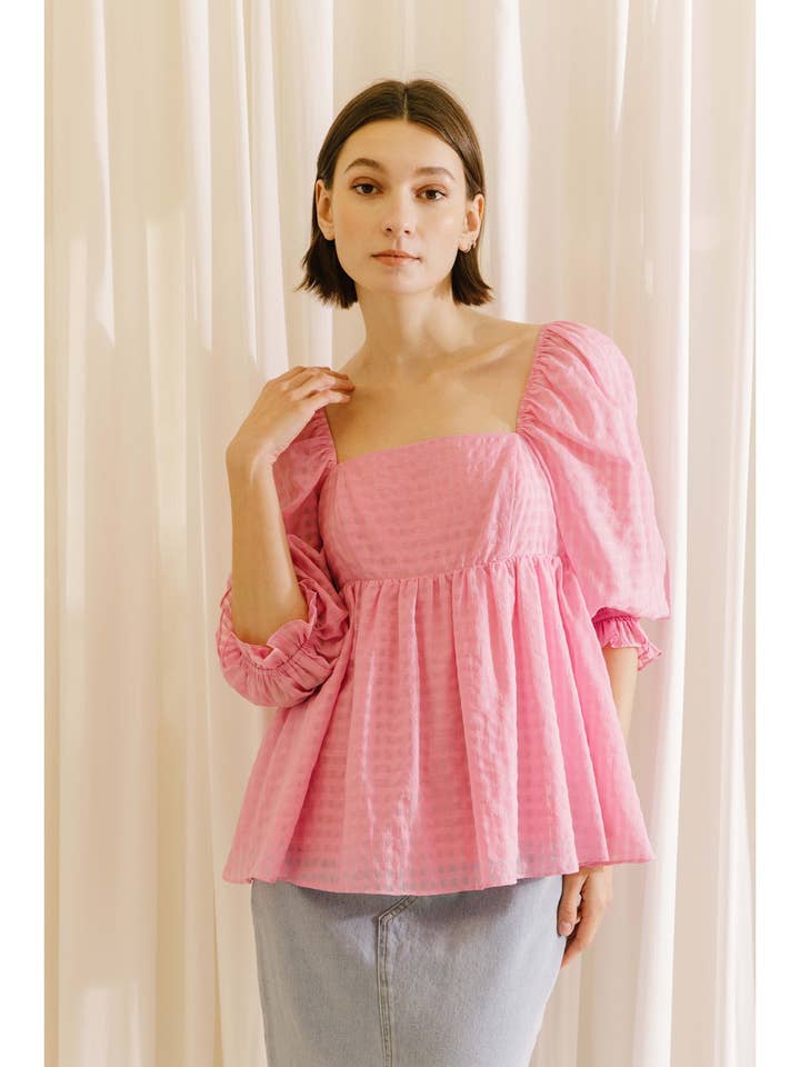 JT3281-11_SML- MONOCHROMATIC GINGHAM BABY DOLL TOP for wholesale by STORIA