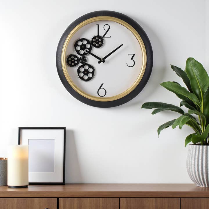 HomeRoots - Wholesale Wall Clock - 16" Black Gold And White Faux Leather And Iron Analog Exposed Gear Round Wall Clock1