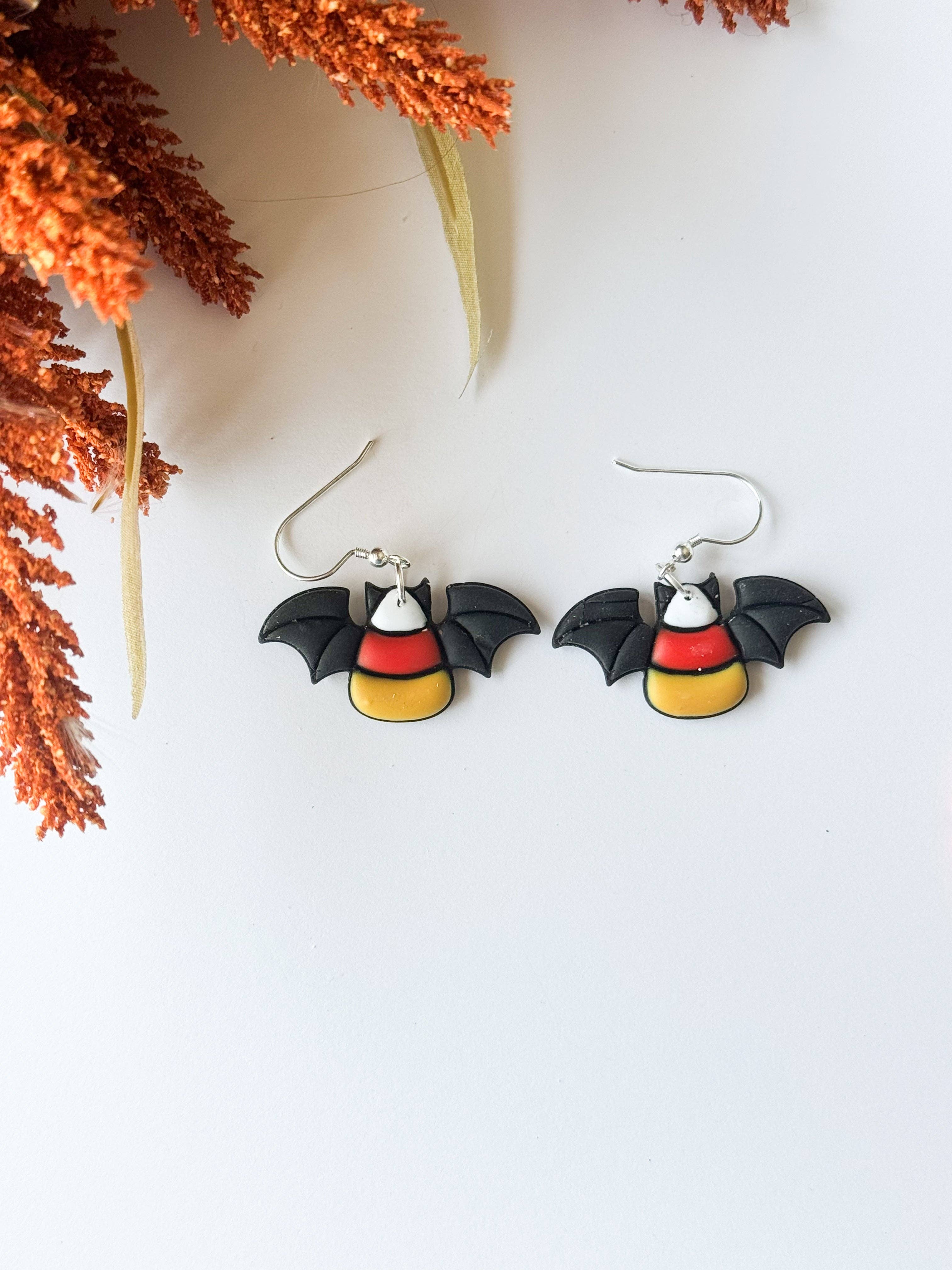 Mountain Made Clay - Handmade Polymer Clay Earrings - Wholesale Dangle Earrings - Candy Corn Bat Earrings: Handmade Clay Earrings