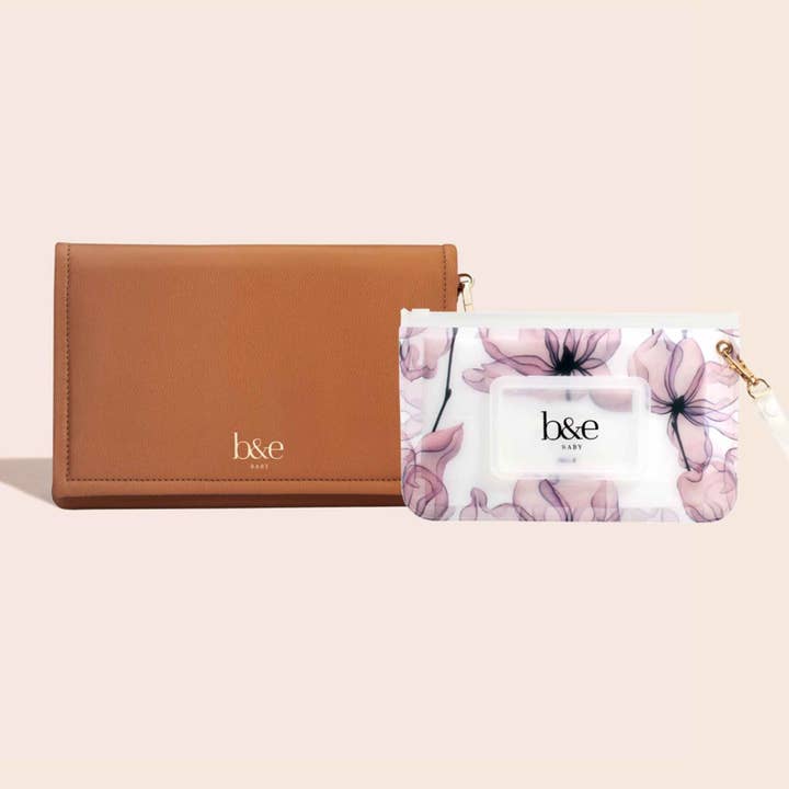Nappy Change Clutch & Wipes Case Set - Montana Tan with Freya Pink for wholesale by Ben & Ellie Baby