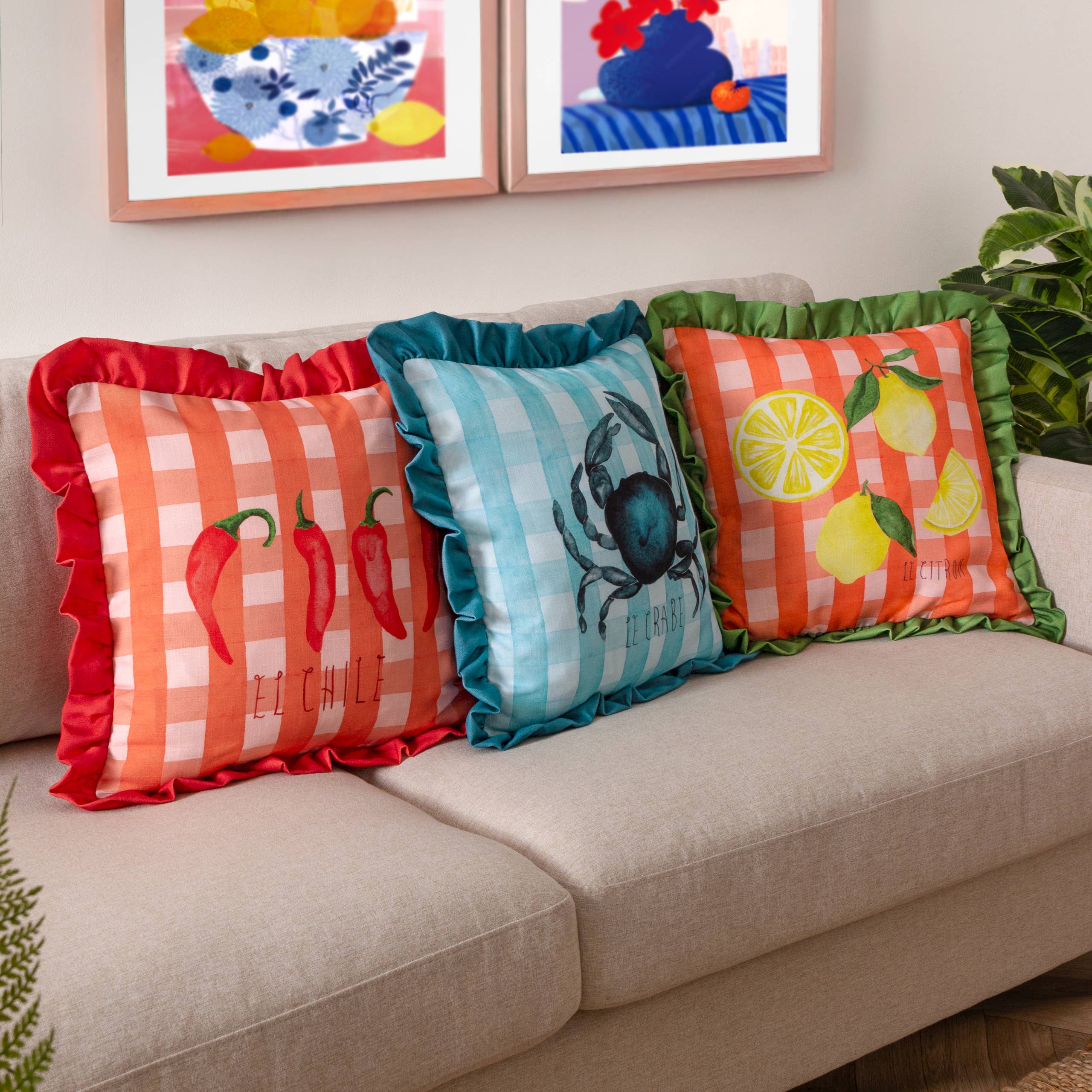 Gingham Citron Printed Ruffle Cushion Multicolour for wholesale on Faire3