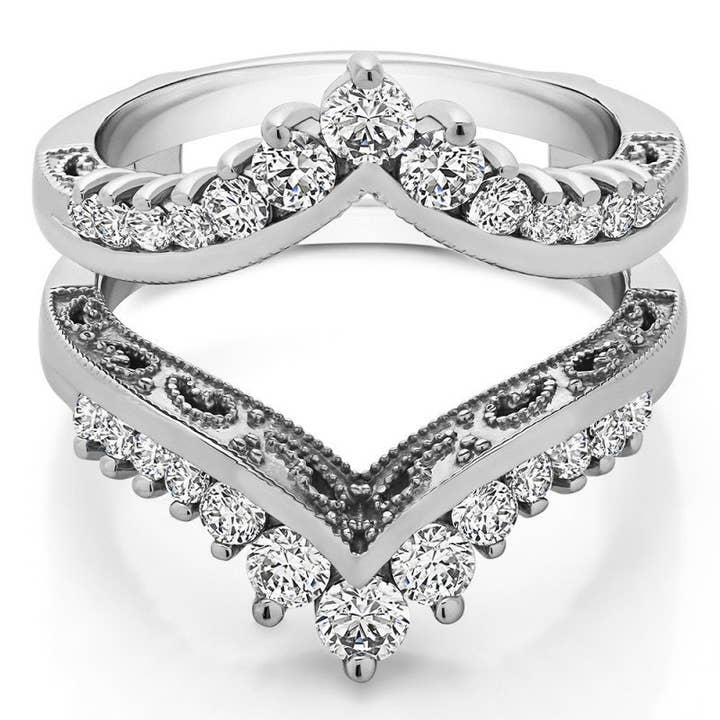 TwoBirch - Wholesale Wedding Band/Ring - Sterling Silver Chevron Ring Guard with Cubic Zirconia