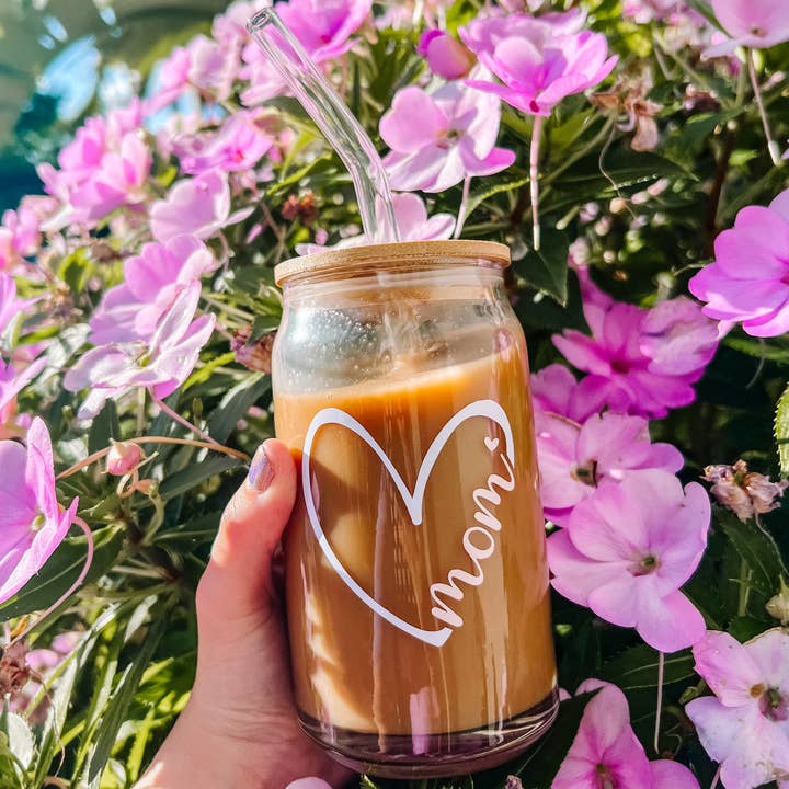 Mom Heart Glass Cup w/ Lid & Straw for wholesale by Love Her Work