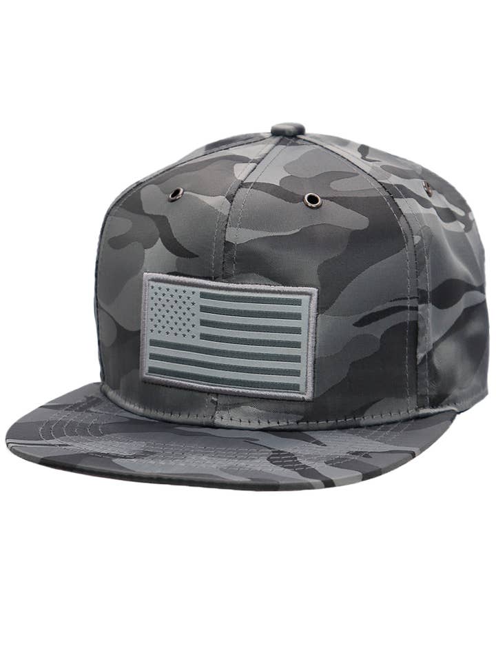 Monochrome American Flag Patch Camo Poly Snapback for wholesale by Cap Zone