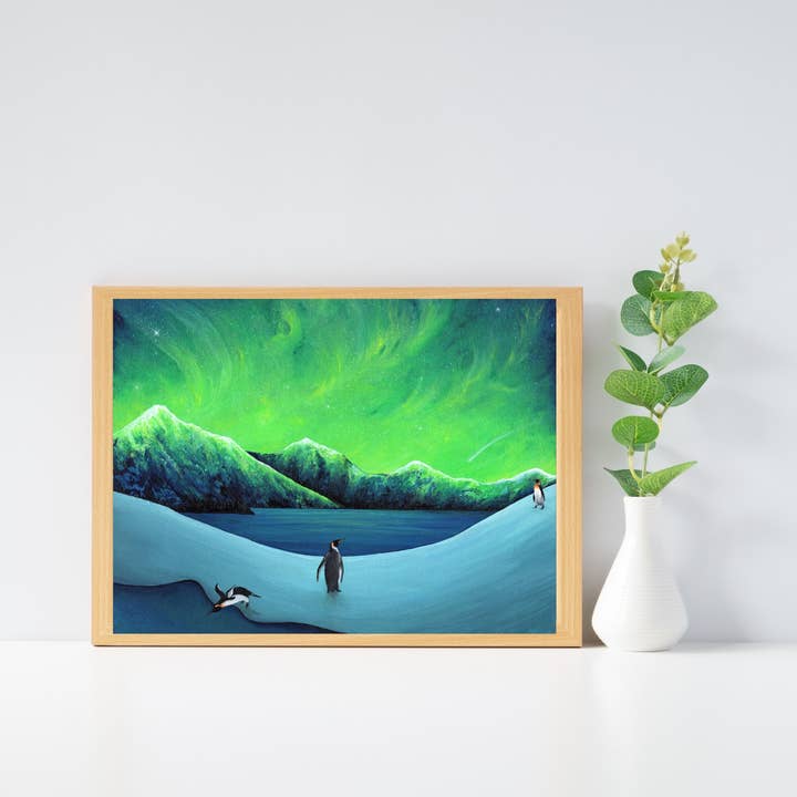 Lámina artística de pingüinos bajo la aurora boreal, 8 x 10 pulgadas para venta al por mayor de MLpaintings