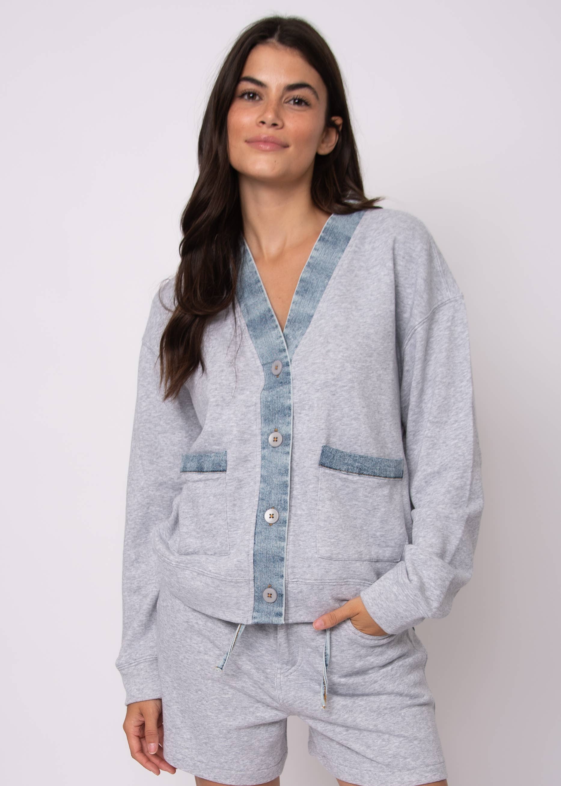 Grey Mel LT Wash KELLIE FRENCH TERRY WITH DENIM LONG SLEEVE CARDIGAN- 57F032S for wholesale on Faire2
