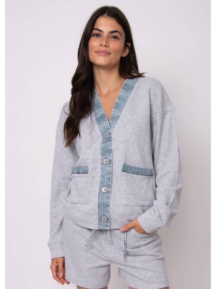 Grey Mel LT Wash KELLIE FRENCH TERRY WITH DENIM LONG SLEEVE CARDIGAN- 57F032S for wholesale on Faire2