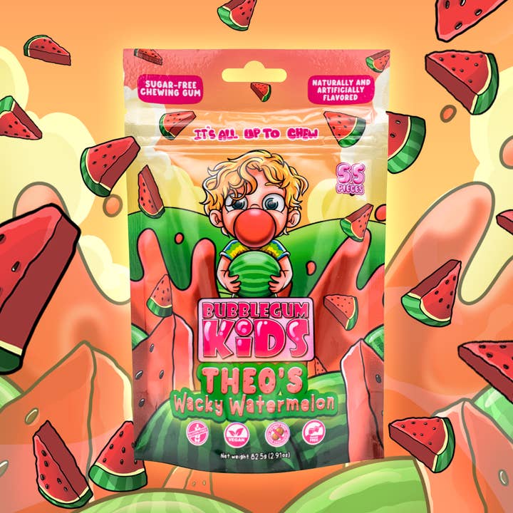 Bubblegum kids - Vendita all'ingrosso Gomme da masticare - Theo's Wacky Watermelon (55 pezzi) Gomma da masticare all'anguria senza zucchero