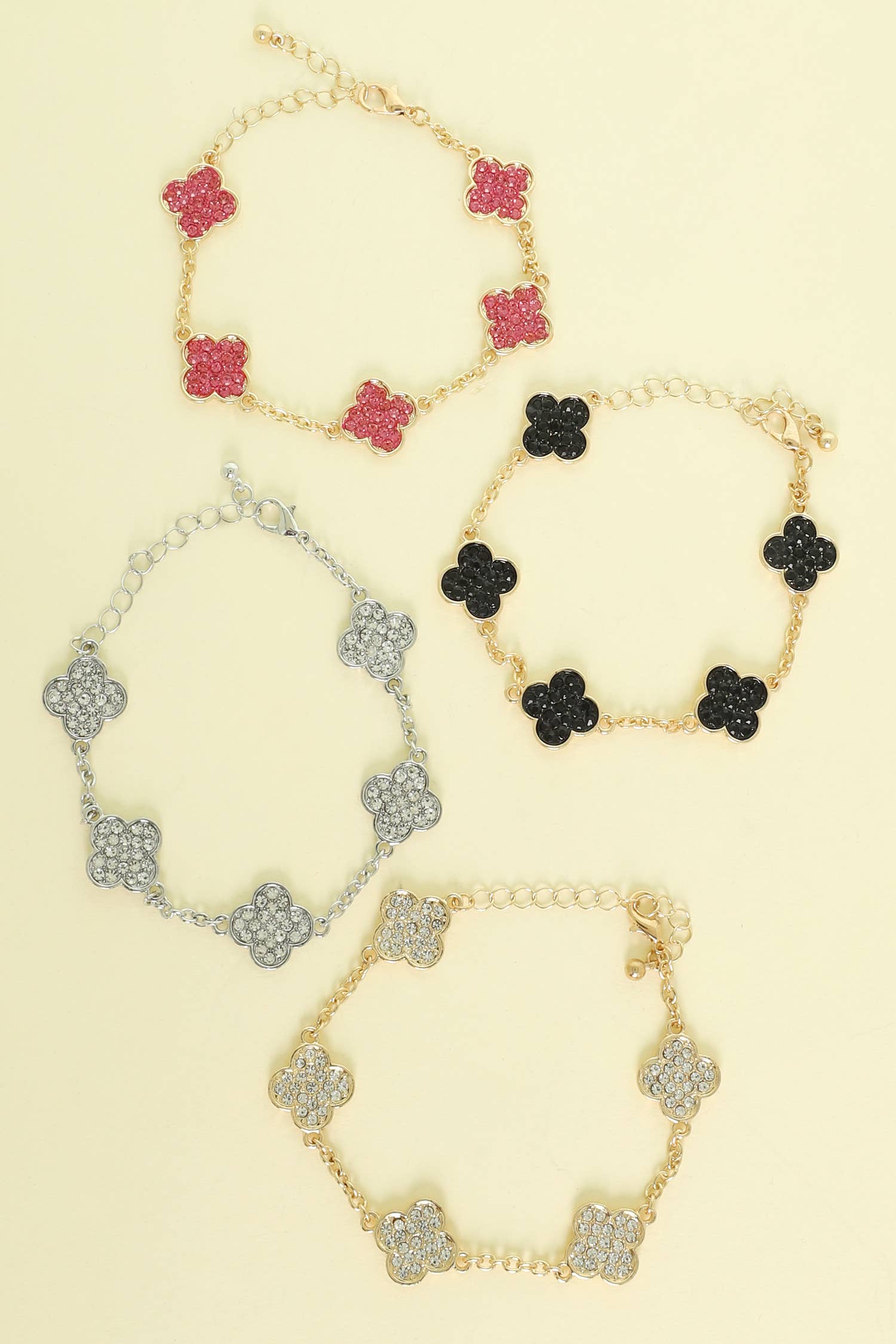 SP Sophia Collection - Wholesale Charm/Dangle Bracelet -  Rhinestone Pave Quatrefoil Clover Charm Station Bracelet2