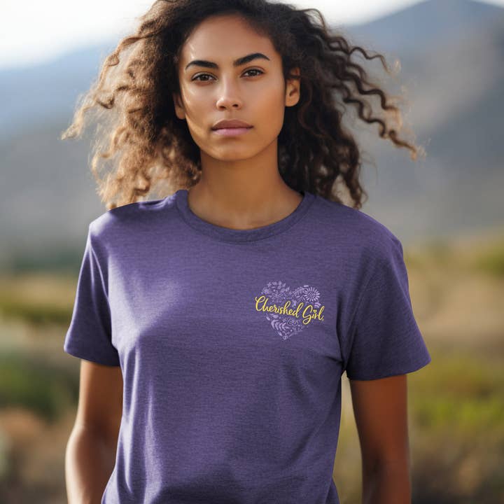 Retro Heather Purple Cherished Girl Womens T-Shirt Love Never Fails Floral for wholesale on Faire