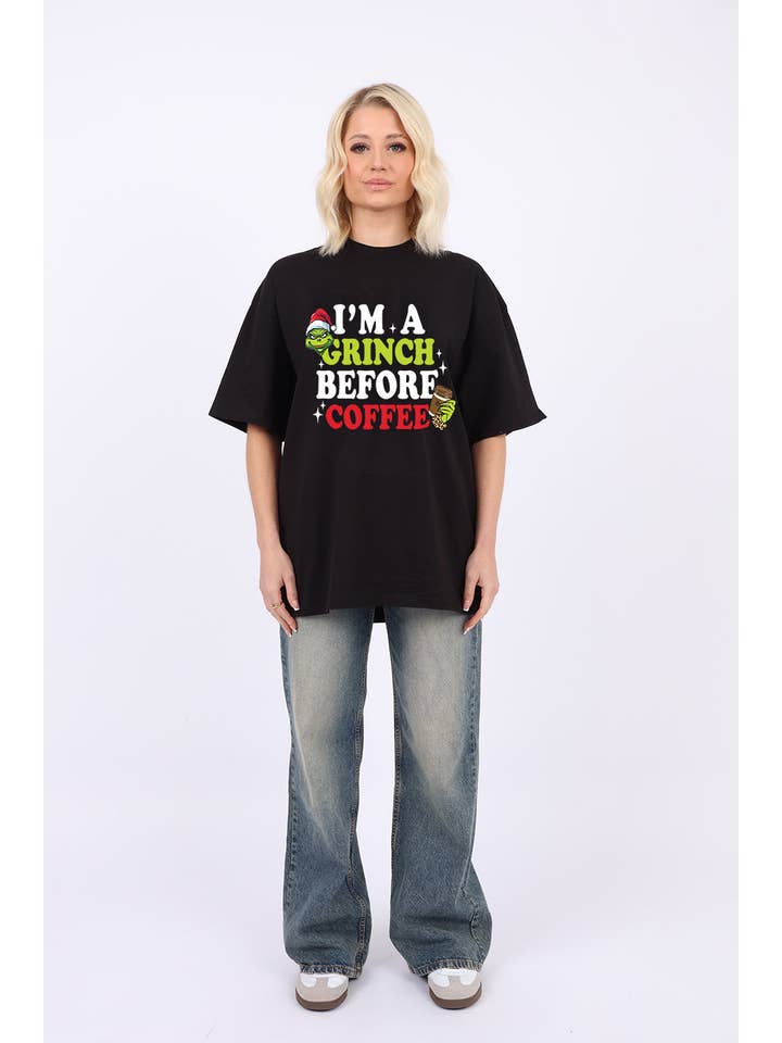 Missi Clothing – wholesale Screen printed t-shirt – Women′s – 220GSM Oversize Christmas T-Shirt In Grinch Before Coffee Print1