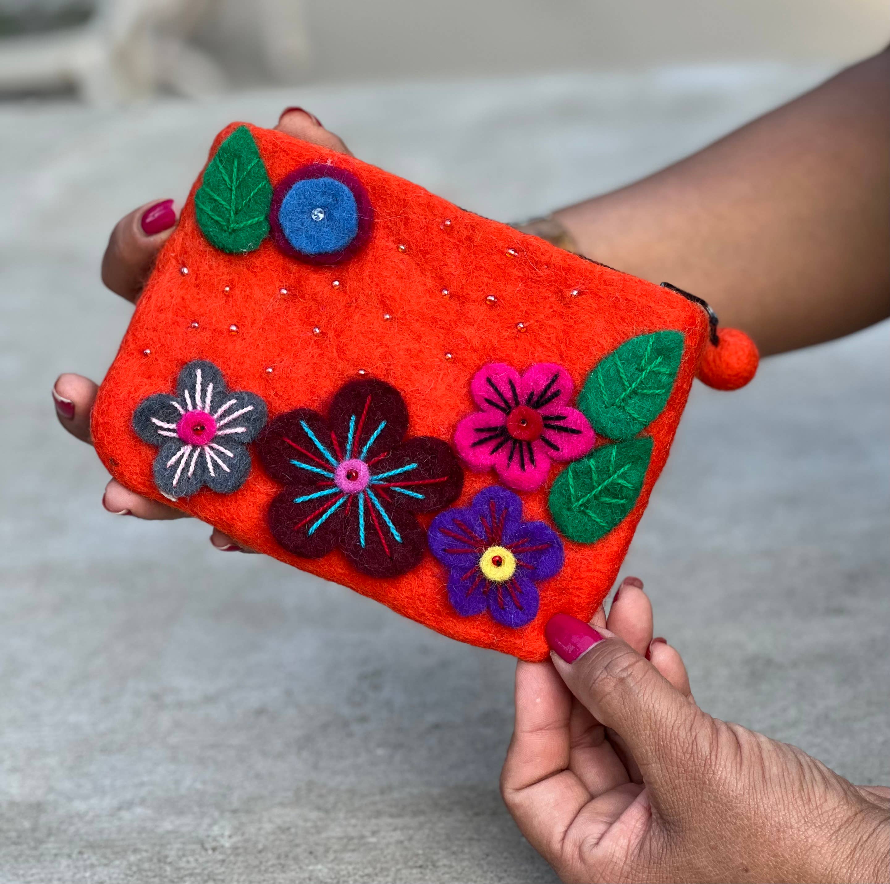 Lungta Imports - Wholesale Coin Purse - Women's - Felted Floral Coin Purse, Kids Pouch, Makeup Pouch3