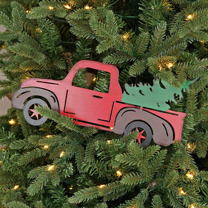 Impressive Enterprises, Inc. - Wholesale Christmas Decoration - M30118- Rustic Metal Hanger Red Truck w.Tree